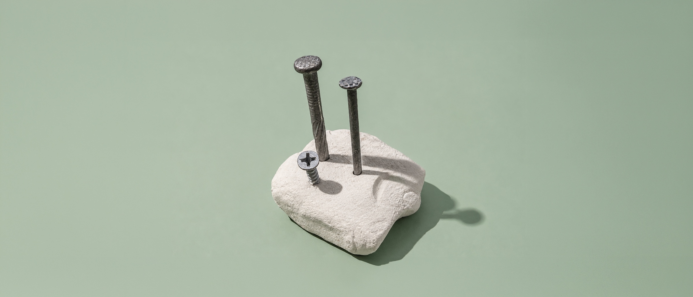 A cured Fussy Filla sample with nails and a screw driven into it