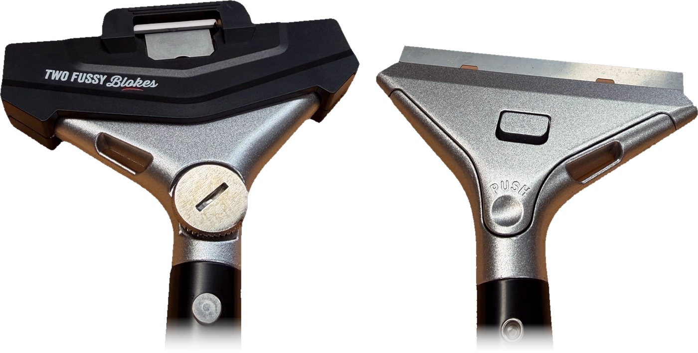 The Heavy-Duty Scraper head, front with the blade lock and back with the push-to-release button